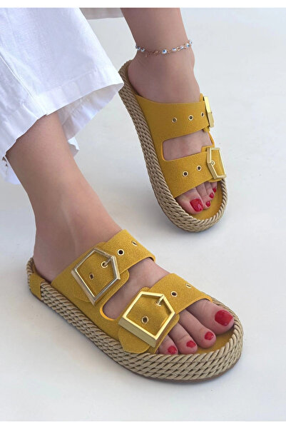ZENGEZUR MALL Drnds Loera Yellow Nubuck Double Buckle Slippers (213806) (Size: 37)