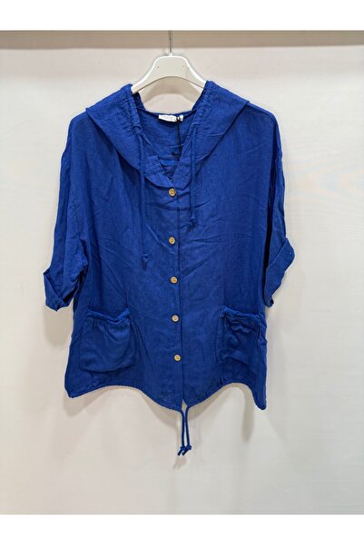 della moor albastru cobalt Bluză casual din in, cu jumătate de mânecă, cu cu glugă nasturi, albastru italian