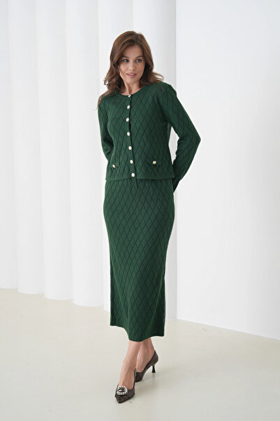 Park Karon Women's Crew Neck Button Detail Patterned Jacket Skirt Two-Piece Knitwear Set