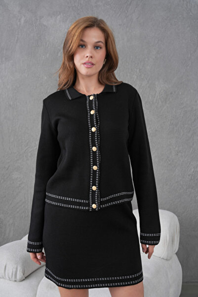 Park Karon Women's Shirt Collar Button Closure Patterned Jacket Skirt Two-Piece Knitwear Set