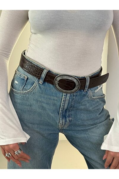 coaksco Women's Large Oval Buckle Kroko Bitter Brown Belt