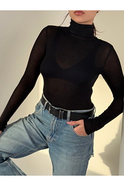 coaksco Women's Turtleneck Modal Cashmere Ultra Light Blouse - Black