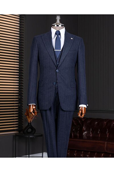 TerziAdemAltun Italian Style Peaked Lapel Men's Jacket Vest Pants Suit Navy B...