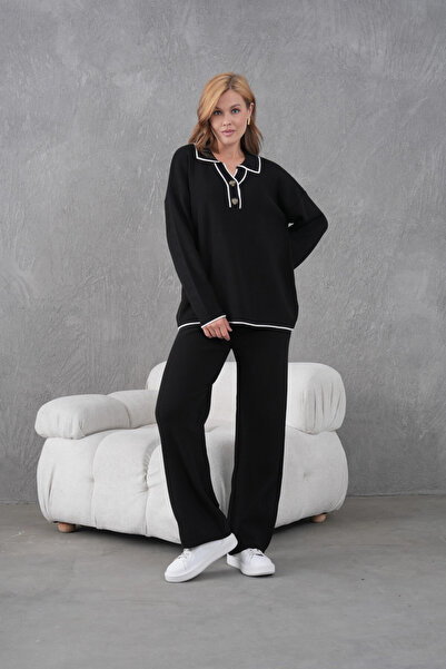 Park Karon Жіночий поло з коміром-стійкою, ґудзиками, оверсайз, кашкорсе, светр, штани, двокомпонентний трикотажний комплект