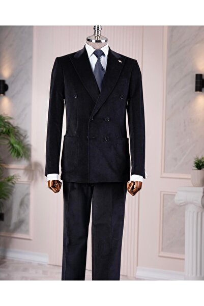 TerziAdemAltun بدلة بنطلون من القطيفة على الطراز الإيطالي s قصة ضيقة k بأزرار على الجهتين باللون الأزرق الداكن T14973