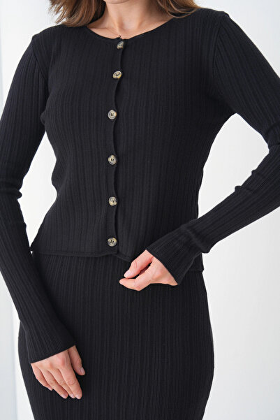 Park Karon Women's Crew Neck Button Closure Ribbed Knit Jacket Dress Two-Piece Knitwear Set