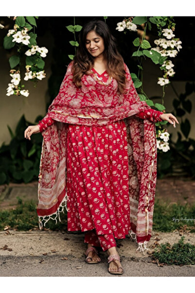 MYSMAR Red Viscose Cotton Salwar Kameez Dupatta - ALV2012 | Red