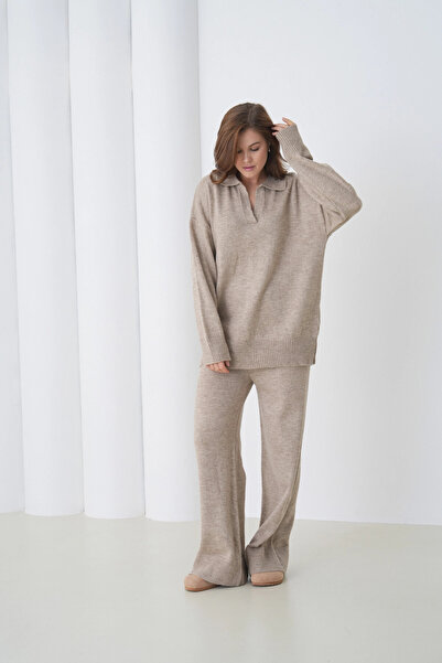 Park Karon Жіночий светр з поло-комірцем, оверсайз, брюки, двокомпонентний трикотажний комплект