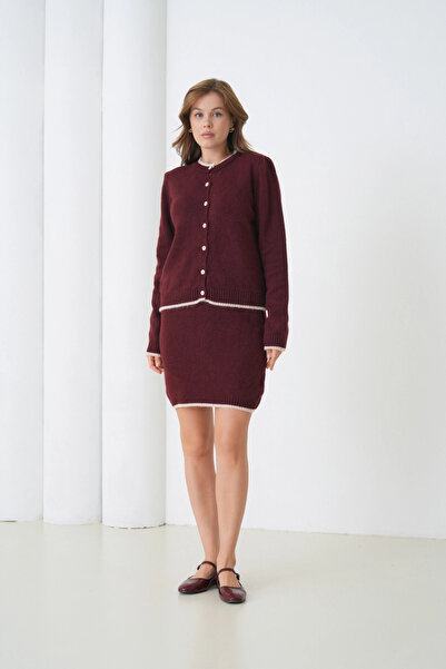 Park Karon Women's Crew Neck Button Closure Jacket Skirt Two-Piece Knitwear Set