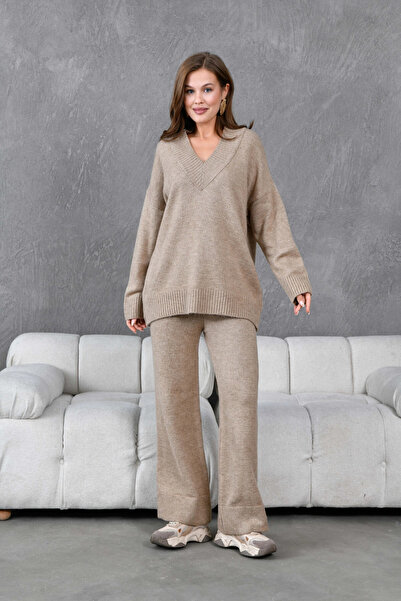 Park Karon Γυναικείο Πλεκτό Σετ με λαιμόκοψη σε σχήμα V oversized Παντελόνι πουλόβερ Διπλό Πλεκτό Σετ