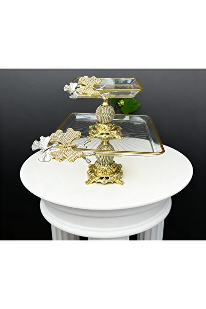 ÇNR Home Collection PAŞABAHÇE 2' li KELEBEKLİ ELMAS KARE DÖKÜM AYAKLI PASTA S...