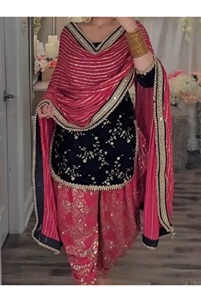 MYSMAR بلوزة مخملية من الفيسكوز باللونين الوردي والأسود، وشالوار دوتي ودوباتا...