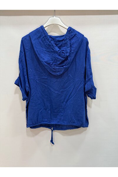 della moor albastru cobalt Bluză casual din in, cu jumătate de mânecă, cu cu glugă nasturi, albastru italian