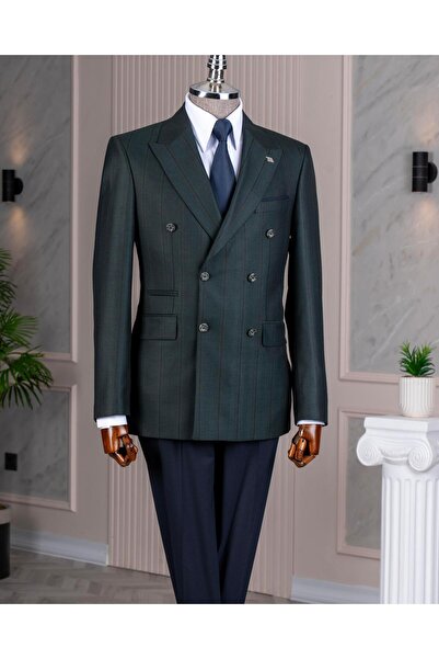 TerziAdemAltun Italian style s Slim Fit k Double-Breasted jacket pants combined suit green t14663