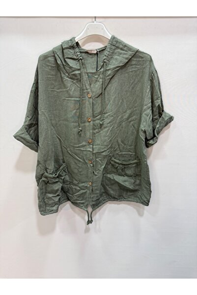 della moor Khaki Italian K Hooded Buttoned Half Sleeve Casual Linen Blouse