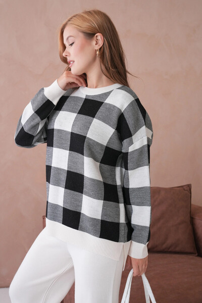 Park Karon Women's Crew Neck Patterned Slit Casual Sweater Pants Two-Piece Knitwear Set