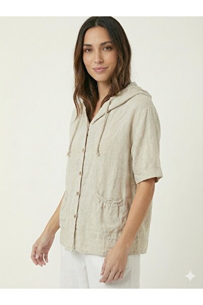 della moor Μπεζ ιταλική λινό μπλούζα με μισό μανίκι με με κουκούλα κουμπιά