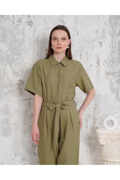 ZENGEZUR MALL Sptrns Belted Shirt Collar Loose Jumpsuit Khaki S255822 (205510) (Size: m)