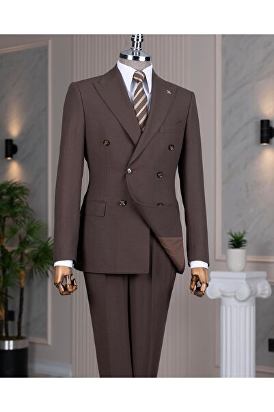 TerziAdemAltun بدلة بنطلون على الطراز الإيطالي s قصة ضيقة k بأزرار على الجهتين باللون البني T14738