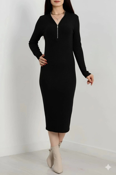 ZENGEZUR MALL Drnds Zipper Detail Corded Fabric Fleece-Lined Dress Black A3178 (213637) (Size: Standard)