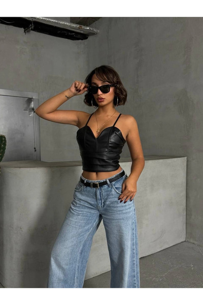 ZENGEZUR MALL Drnds Rope Strap Side Zipper Rastale Leather Crop Black S24113 (211612) (Size: S)