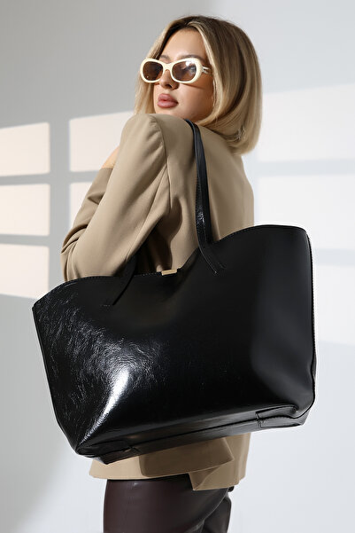 BALANZ Geantă tote din piele neagră lucioasă de dimensiuni mari pentru femei ...