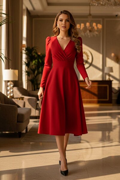 Mossta Minimal Design Waist-Fitted Midi Red Dress