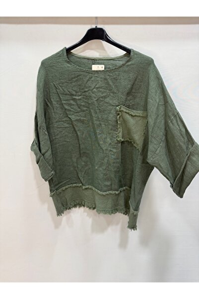 della moor Khaki Italian Tassel 4/3 Sleeve Casual Linen Blouse