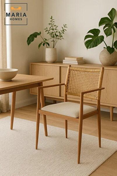 MARIA HOMES Modern Wooden Woven Chair – Rattan Dining Chair with Cushion for Home and Café