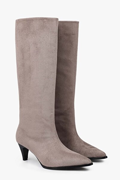 Shoeberry Women's Lula Mink Suede Short Pointed Heeled Boots