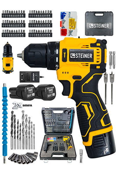 STEİNER PRO ÇELİK ÖZEL SERİ DARBELİ 84 PARÇA KÖMÜRSÜZ GÜÇLENDİRİLMİŞ MOTOR ŞARJLI ARMUT BATARYA MATKAP