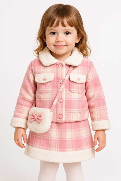 KATIA ✨ Ekose Peluş Kız Takım | 2-5 Yaş | Aşırı Şık – Kışlık Yumuşak Doku – Çanta Hediyeli Kombin