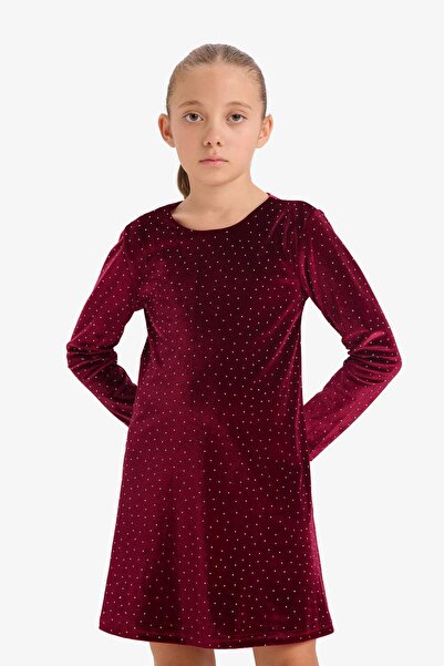 DeFacto Girls' Crew Neck Velvet Long Sleeve Dress G5994A825Wn