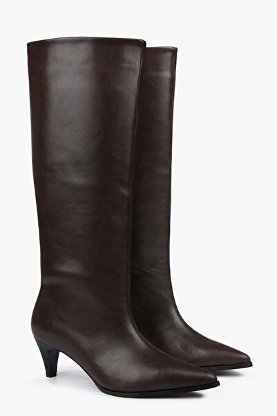 Shoeberry Women's Lula Brown Leather Short Pointed Heeled Boots