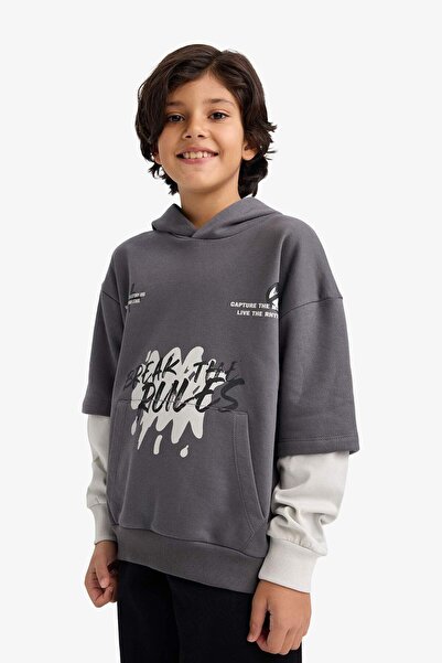 DeFacto Boy's Hooded Printed Soft Fleece Inside Sweatshirt G5558A825Cw