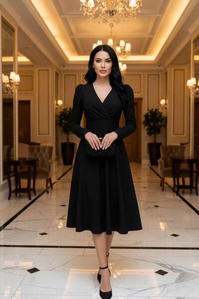 Mossta Elegant Waist-Sitting Midi Black Dress