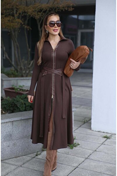 QİMYA BUTİK Buketli̇ Women's Leather Buckle Belt Detailed Double-Way Full Zipper Leather Polo Collar Long Sleeve Long Dress