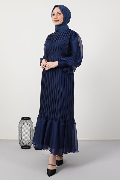 GİYZAMİLA Pleated Janjan Evening Dress Navy Blue