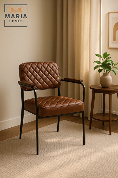 MARIA HOMES Modern Brown Leather Dining Chair – Quilted Accent Chair with Armrests and Black Metal Frame
