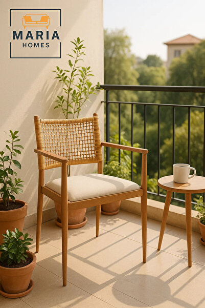 MARIA HOMES Modern Wooden Woven Chair – Rattan Dining Chair with Cushion for Home and Café