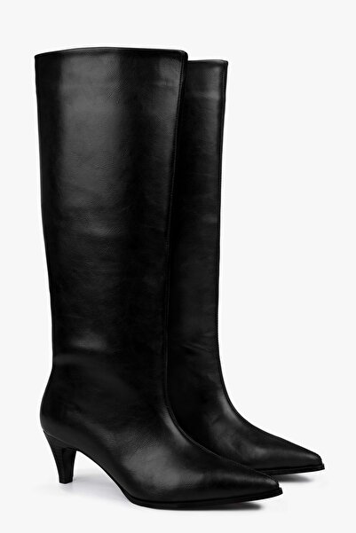 Shoeberry Women's Lula Black Leather Short Pointed Heeled Boots