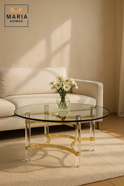 MARIA HOMES Luxury Round Glass Coffee Table 90×90×45 cm with Gold Stainless Steel and Acrylic Legs
