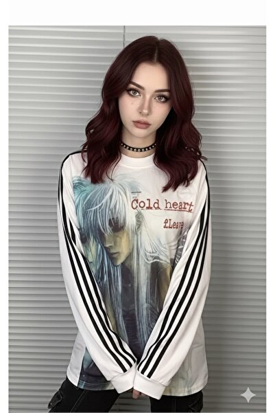 Köstebek Gothic Anime Cold Heart 3 Stripe White Sweatshirt