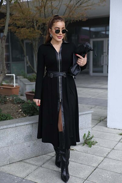 QİMYA BUTİK Buketli̇ Women's Leather Buckle Belt Detailed Double-Way Full Zipper Leather Polo Collar Long Sleeve Long Dress