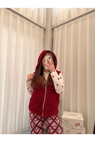 Lena Homewears Women's Soft Welsoft Fleece Hooded Vest Set 3-Piece Pajama Set