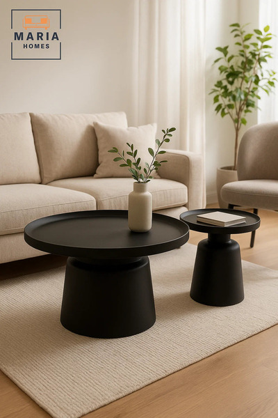 MARIA HOMES Modern Black Tea Table Set 1+1 – Round Coffee Table and Side Tabl...