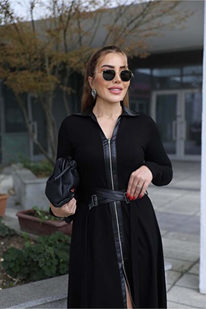 QİMYA BUTİK Buketli̇ Women's Leather Buckle Belt Detailed Double-Way Full Zipper Leather Polo Collar Long Sleeve Long Dress