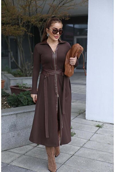 QİMYA BUTİK Buketli̇ Women's Leather Buckle Belt Detailed Double-Way Full Zipper Leather Polo Collar Long Sleeve Long Dress