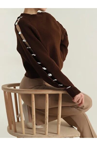 DM Kol detaylı kadın triko kazak kahverengi