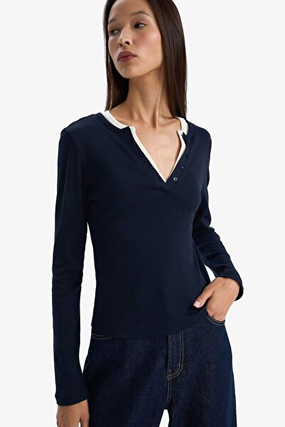 DeFacto Slim Fit Slim Fit Buttoned Collar Ribbed Long Sleeve T-Shirt G3490Ax25Wn